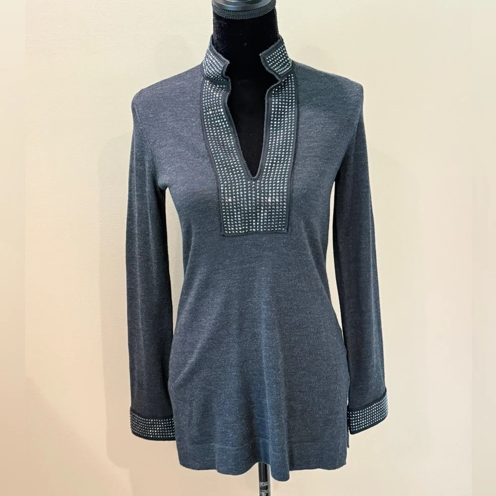 Women’s TORY BURCH 100% Merino Wool Charcoal gray embellished sweater- Size XS